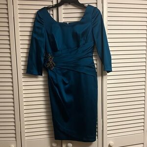 Kay Unger Teal Long Sleeve Dress with Embellishment